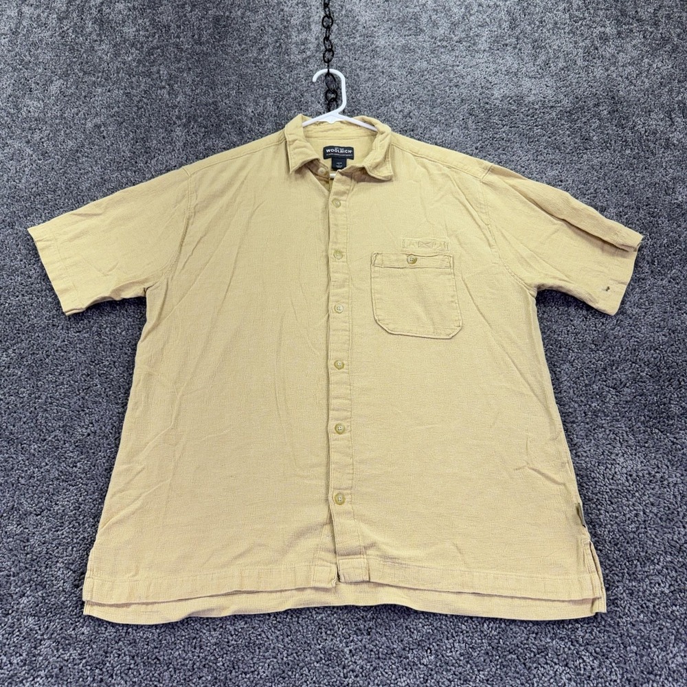 Woolrich Shirt Mens Large Yellow Tan Short Sleeve Button Up Pocket Casual